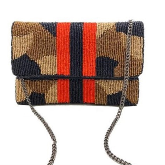 Handmade Camo Red Black Stripes Beaded Clutch or Crossbody Bag - Picture 2 of 5